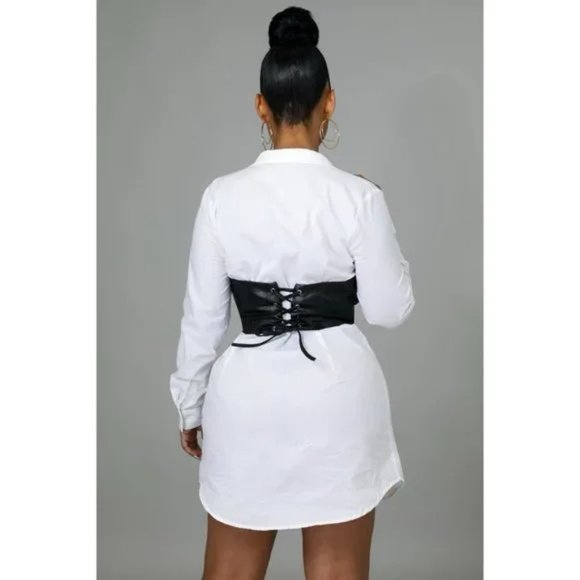White Long Sleeve Mini Shirt Dress with Black Faux Leather Corset Belt - Picture 4 of 7